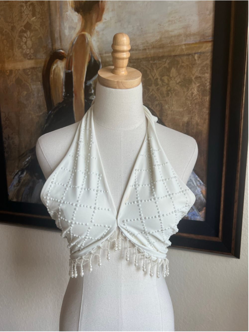Beach Riot Pearl Embellished Halter Crop Top White Size M Chic Boho - Picture 3 of 6